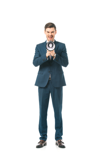 angry businessman in suit yelling with megaphone isolated on white - Foto, Imagem