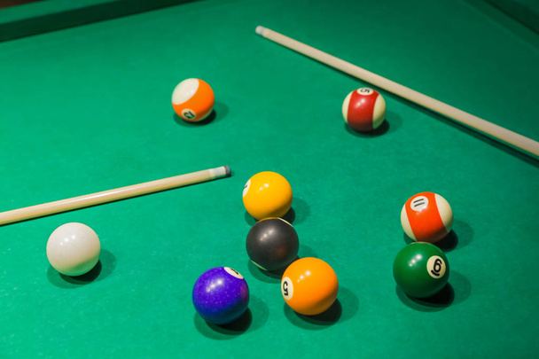 Billiard balls on pool green table - sport background - Foto, immagini