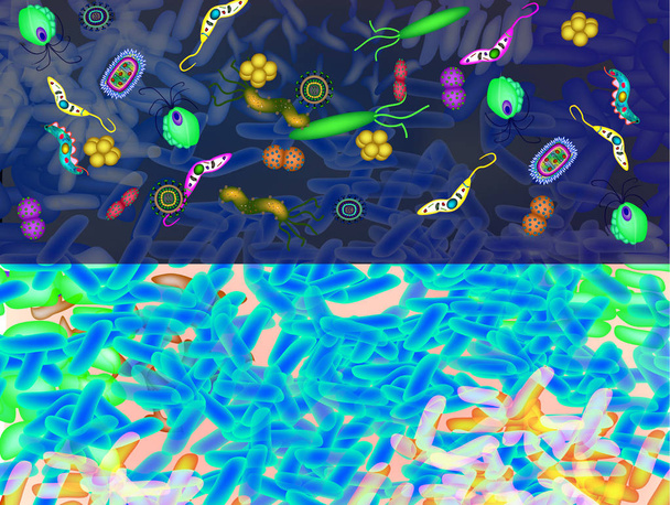 Pathogenic microflora in the intestine background. Dysbacteriosis. Dysbiosis. Killed good bacterium flora. Background blue lactobacillus, bifidobacteria, probiotic, prebiotic. Infographics. Vector. - Vector, Image