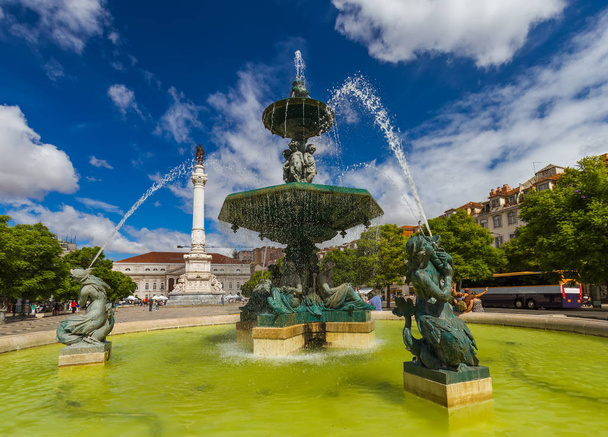 Rossio square with fountain in Lisbon Portugal - architecture background - Фото, изображение