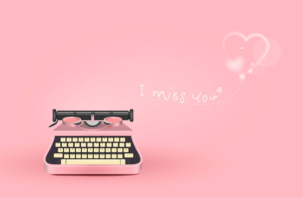  pink typewriter write a message of love white heart , miss you,happy valentine day,lovely card with heart,text,elements,love,flyers, invitation,brochure,banners,posters, isolated pink background. - Vector, Image