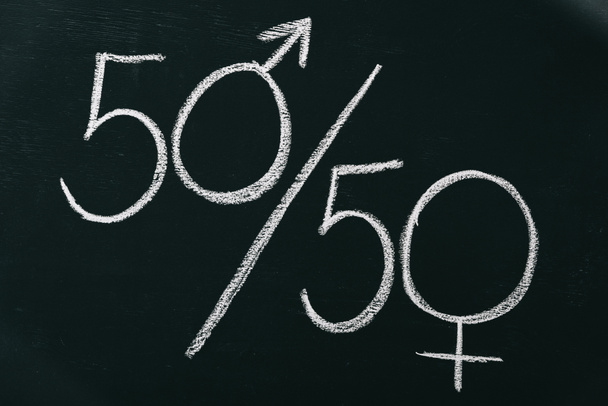 männliche und weibliche Zeichen als 50 bis 50 Prozent auf der Tafel, Gleichstellungskonzept - Foto, Bild