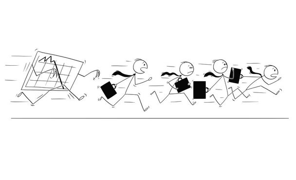 Γελοιογραφία της ομάδας ή της ομάδας επιχειρηματιών που τρέχει πανικόβλητος μακριά από πτώση γράφημα - Διάνυσμα, εικόνα