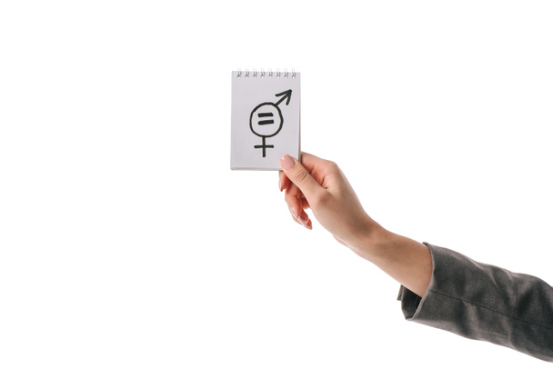 partial view of woman holding gender equality symbol, isolated on white - Photo, Image