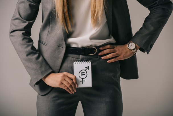 cropped view of businesswoman holding gender equality sign, isolated on grey  - Photo, Image