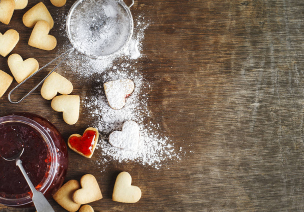 Heart shaped cookies for valentine's day, top view, copy space - Fotoğraf, Görsel
