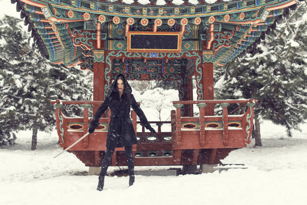 Στο πάρκο με ένα κορίτσι σε χιονισμένο καιρικές συνθήκες - Φωτογραφία, εικόνα