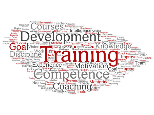 Wektor koncepcja lub koncepcyjne szkoleń, coachingu lub uczenia się, studiować słowo cloud na białym tle na tle. Kolaż mentoring, rozwoju, motywacji, umiejętności, kariery, potencjalne cele lub kompetencji tekstu - Wektor, obraz