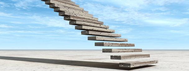 Concept or conceptual 3D illustration stair steps to heaven on sky background in desert with clouds banner - Photo, Image