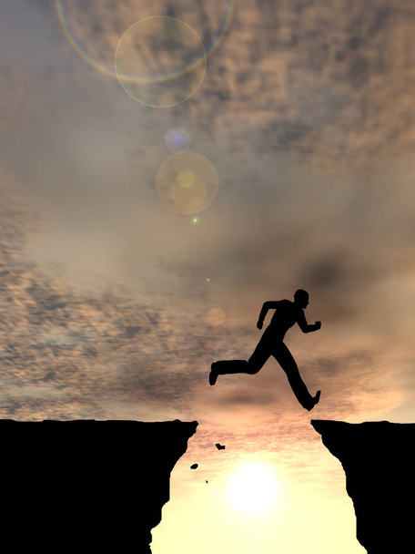 Έννοια ή εννοιολογική μικρά 3d απεικόνιση άνθρωπος ή επιχειρηματίας σιλουέτα ευτυχισμένη άλμα από βράχο πάνω από το χάσμα ηλιοβασίλεμα ή sunrise φόντο του ουρανού - Φωτογραφία, εικόνα