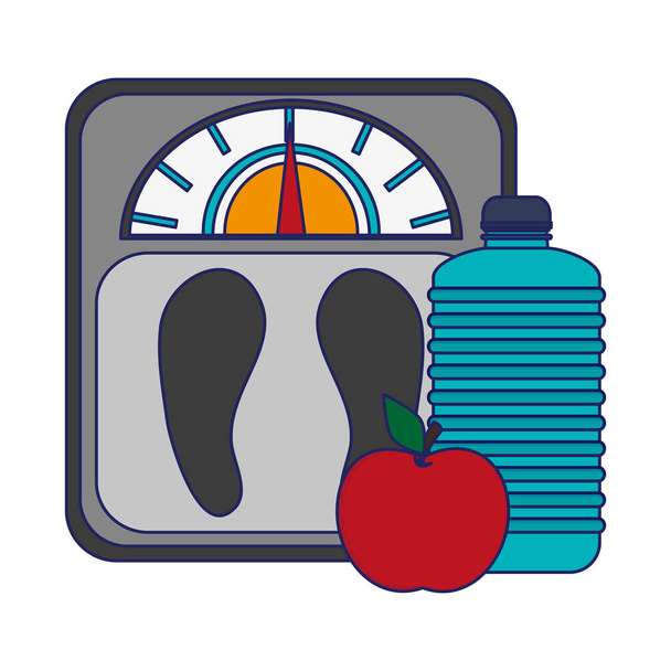 fitness tělo tuk scale láhev s vodou a apple - Vektor, obrázek