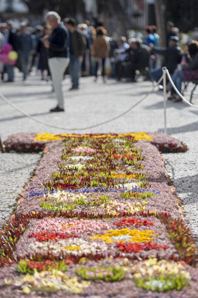 ένα λουλούδι colorfull χαλί διακόσμηση στο το avenida Arriaga στο Festa da Flor ή γιορτή των λουλουδιών την άνοιξη για την πόλη του Funchal στη νήσο Μαδέρα με τον Ατλαντικό ωκεανό της Πορτογαλίας. Φουντσάλ, Μαδέρα, Απριλίου 2018 - Φωτογραφία, εικόνα