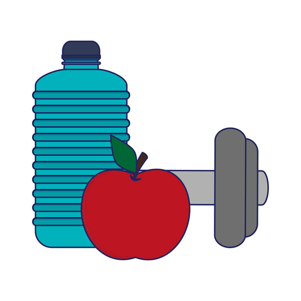 tělocvičně láhev s vodou apple a činka - Vektor, obrázek