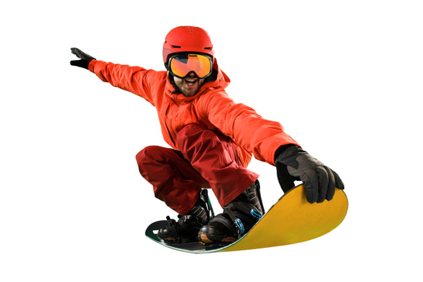 Portré, fiatal férfi sportruházat, snowboard elszigetelt fehér background. - Fotó, kép