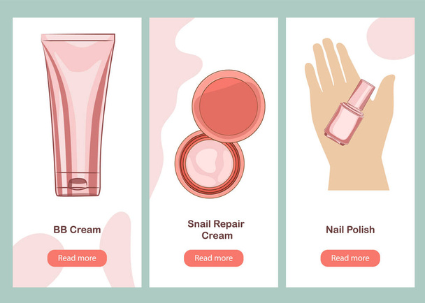 Web banners set with woman hand and Korean cosmetics set in flat style. Vector illustration - Vector, Image