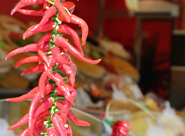 viele scharfe rote Chilischoten zum Verkauf am Marktstand - Foto, Bild