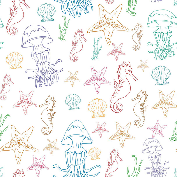 Seamless pattern maritime theme. Jellyfish, seahorse, starfish, sea grass elements are painted by hand. Vector illustration. - Vector, Image
