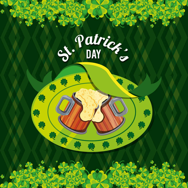 st patrick day with beers and clovers vector illustration design - Vector, Image