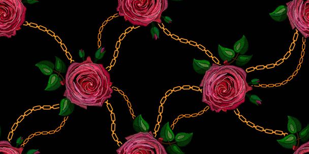 Seamless decorative pattern rose stylized texture of embroidery with golden chains, imitation of ornamental satin stitch. Vector pattern for printing on fabric, clothes, shawl, headscarf, dress.  - Vektor, Bild