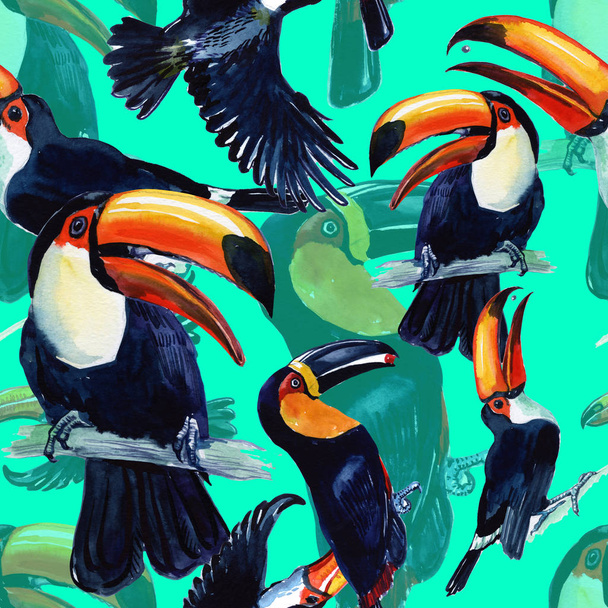 Toucan. Exotic bird painted watercolor. Seamless background. Wild freedom, a bird with flying wings. Bird for background, texture, pattern, frame, border or tattoo. - Photo, Image