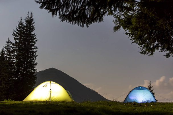 Two brightly lit tourist tents on green grassy forest clearing on dark mountain and clear blue starry sky copy space background. Tourism, night camping in summer mountains, beauty of nature concept. - Photo, Image
