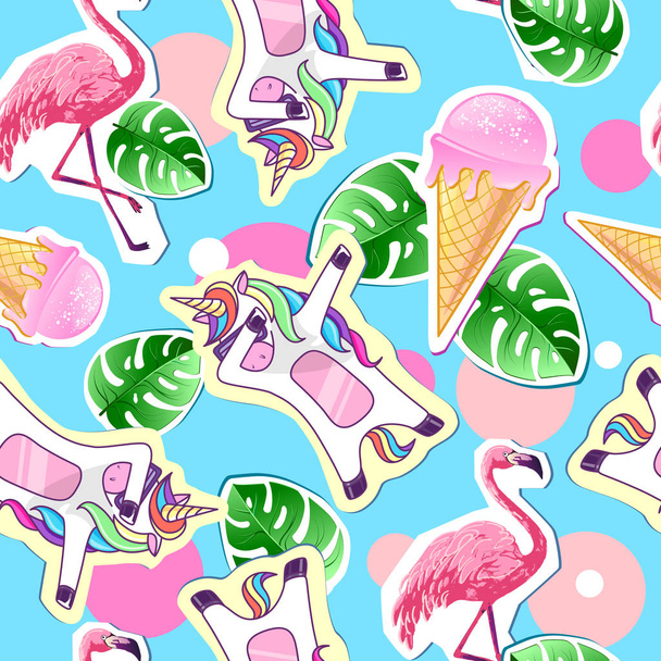 Summer seamless pattern with unicorn and flamingo. Zine Culture style summer background - Vettoriali, immagini