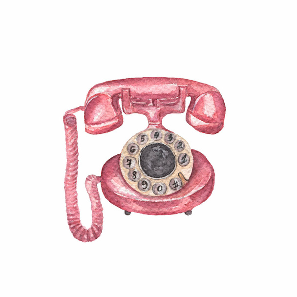 ヴィンテージのピンクの電話。手描き水彩イラスト。昔ながらの携帯電話スタイル. - 写真・画像