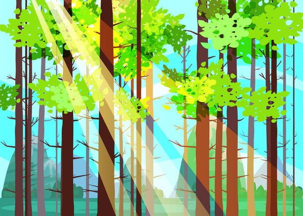 Szép tavaszi erdei fák, zöld lombok, táj, bokrok, bőrönd, sziluettek horizont. Sugárzás a napfény. Vektor rajzfilm stílusú illusztráció sablon baner poszter elszigetelt - Vektor, kép