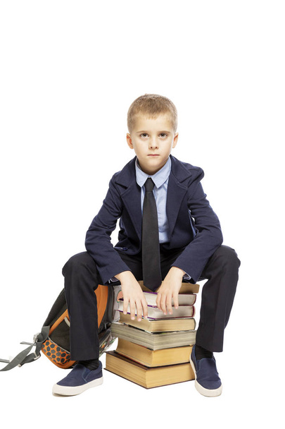 Schoolboy sitting on a big pile of books, isolated on white background - Zdjęcie, obraz