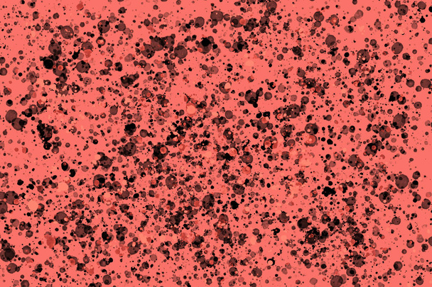 Живой коралловый цвет 2019 года. Яркие черные случайные круглые пятна краски на коралловом фоне. Красочная текстура для веб-дизайна, презентаций, цифровой печати, моды или концептуального дизайна
. - Фото, изображение