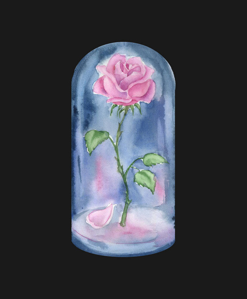 Rose in a flask of glass. Hand drawn watercolor illustration. - Фото, изображение