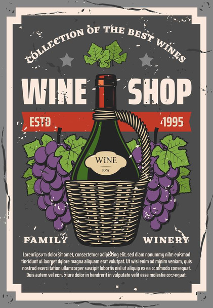 Şarap ve şarap dükkanı, şişe ve üzüm demet - Vektör, Görsel
