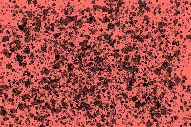 Levende koraal kleur van het jaar 2019. Willekeurige ronde heldere zwarte verf spatten op koraal achtergrond. Abstract kleurrijk bitmappatroon voor web-design, presentaties, digitale afdrukken, mode of concept ontwerp. - Foto, afbeelding