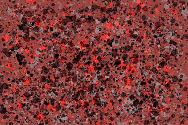 Levende koraal kleur van het jaar 2019. Heldere zwart, grijs en koraal willekeurige ronde verf spatten op rode achtergrond. Abstract kleurrijk bitmappatroon voor web-design, digitaal drukwerk, mode of concept ontwerp. - Foto, afbeelding