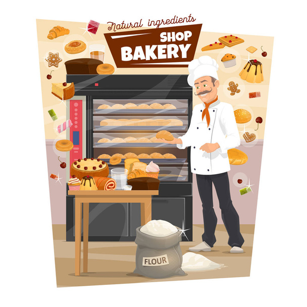 Piekarnia i piekarz. Jedzenie ciasta, chleb, kuchenka - Wektor, obraz