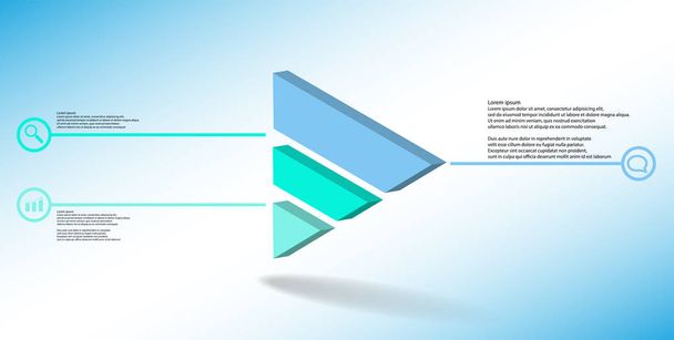 3D illustration infographic template. The embossed triangle is divided to three color parts. Object is askew arranged on blue white background. Color lines with simple signs in circles are on sides. - Vector, Image