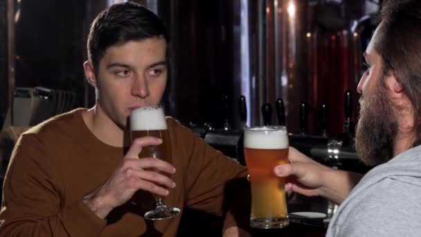 junger Mann trinkt leckeres Bier mit seinem Freund und klimpert mit Gläsern. Zwei männliche Freunde unterhalten sich, trinken Craft Beer in einer örtlichen Kneipe. Männer klirren mit Gläsern, probieren Bier. Entspannungskonzept - Filmmaterial, Video