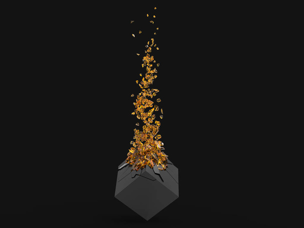 Gebroken zwarte kubus, onthullend amber fragmenten binnen - Foto, afbeelding