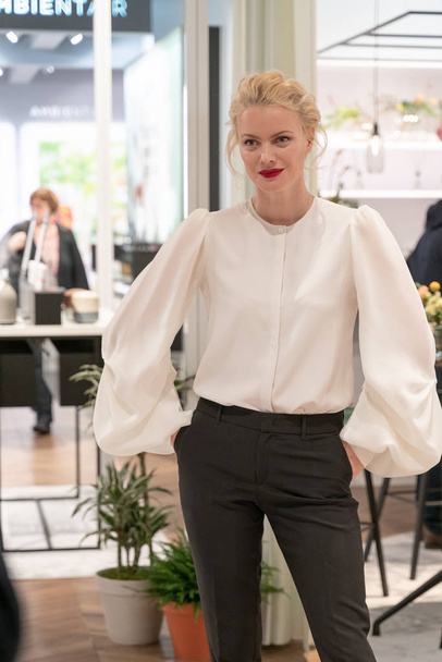 Frankfurt, Germany. 11th Feb 2019. Franziska Knuppe visits Ipuro at Ambiente trade fair 2019. Ambiente is a leading consumer goods trade fair with more than 4300 exhibitors and 130,000+ trade visitors. - Valokuva, kuva