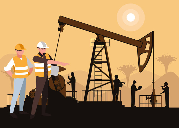 сцена нефтяной промышленности с дерриком и рабочими
 - Вектор,изображение