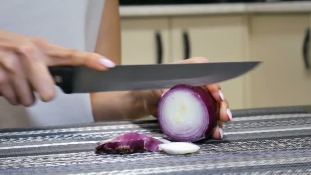 Jovens mãos femininas cortando cebola vermelha enquanto cozinha salada de legumes na cozinha. Conceito de comida orgânica vegetariana
 - Filmagem, Vídeo