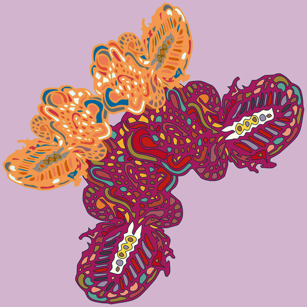 Soyut desenli renkli parlak kelebek kanatları, tekstil baskı, vektör çizim ile. Kumaş tasarımı için duvar kağıdı. - Vektör, Görsel