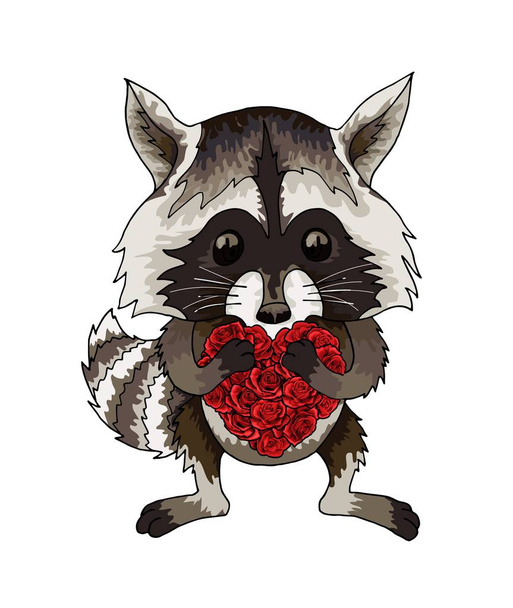 Raccoon funny animal with red roses heart cartoon colored character isolated - Vector, Image