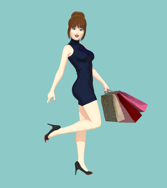 Illustration of a beautiful young smiling woman holding shopping bags. One of a series. Ideal for cute and flirty book cover art as well as a range of other design uses. - Фото, зображення