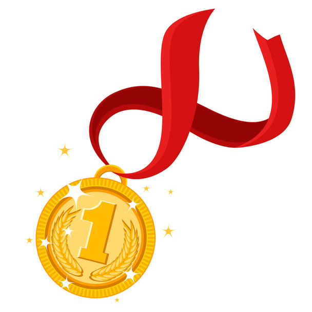 Gold medal for first place with red ribbon on a white. - Vector, Image