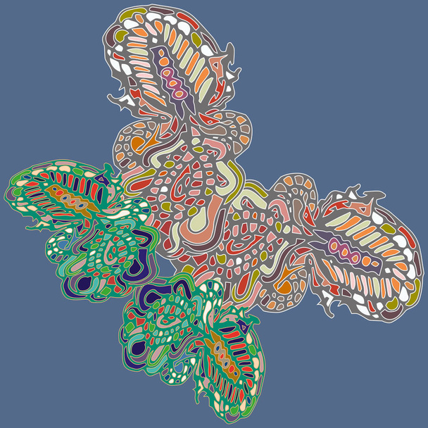 Abstract patterned colorful bright butterfly with wings, textile print, vector illustration. For fabric design, wallpaper. - Vektori, kuva