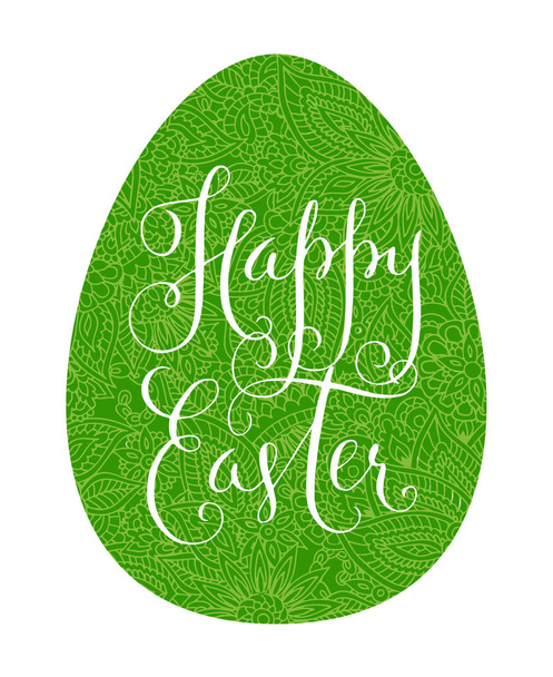 Happy Easter kartkę z życzeniami. Zielony wzór kwiatowy jajko symbol i ręka wektor ilustracja na białym tle nad biały napis. - Wektor, obraz