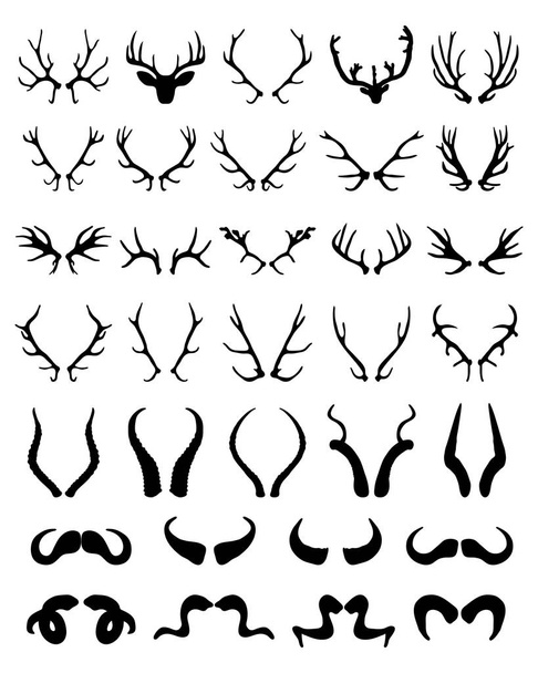 Black silhouettes of different horns of deer, sheep, buffalo and antelopes - Vector, Image