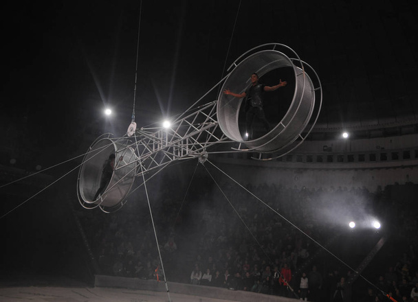 Acrobati sotto la cupola del circo durante la prima del Programma Internazionale del Circo Tedesco "Bianco e Nero" al Circo Nazionale dell'Ucraina, a Kiev, 1 febbraio 2019
 - Foto, immagini