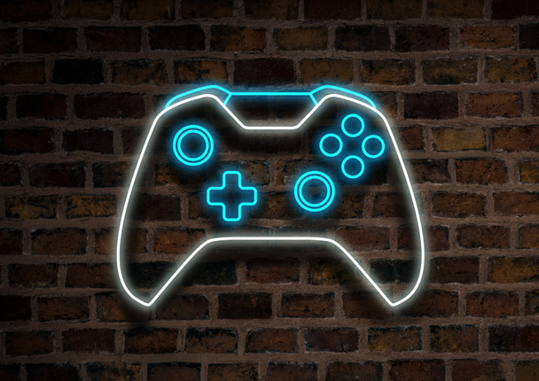 Joystick of Gamepad, Neon teken op een bakstenen muur achtergrond. Computer games concept, toernooi - Foto, afbeelding